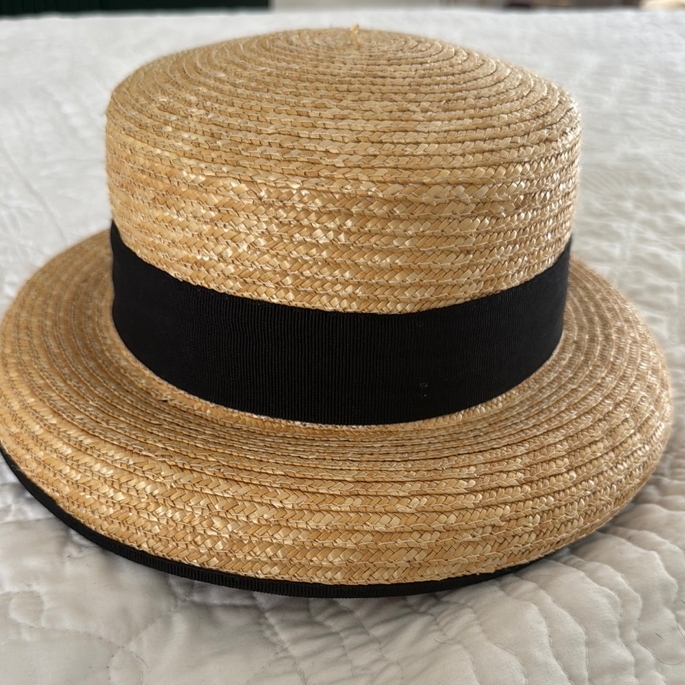 Classic Tan Straw Boater Hat with Black Band